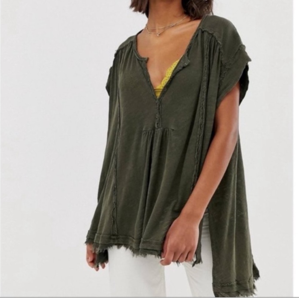 Free People Olive Green Boho Split-Neck Tunic Top